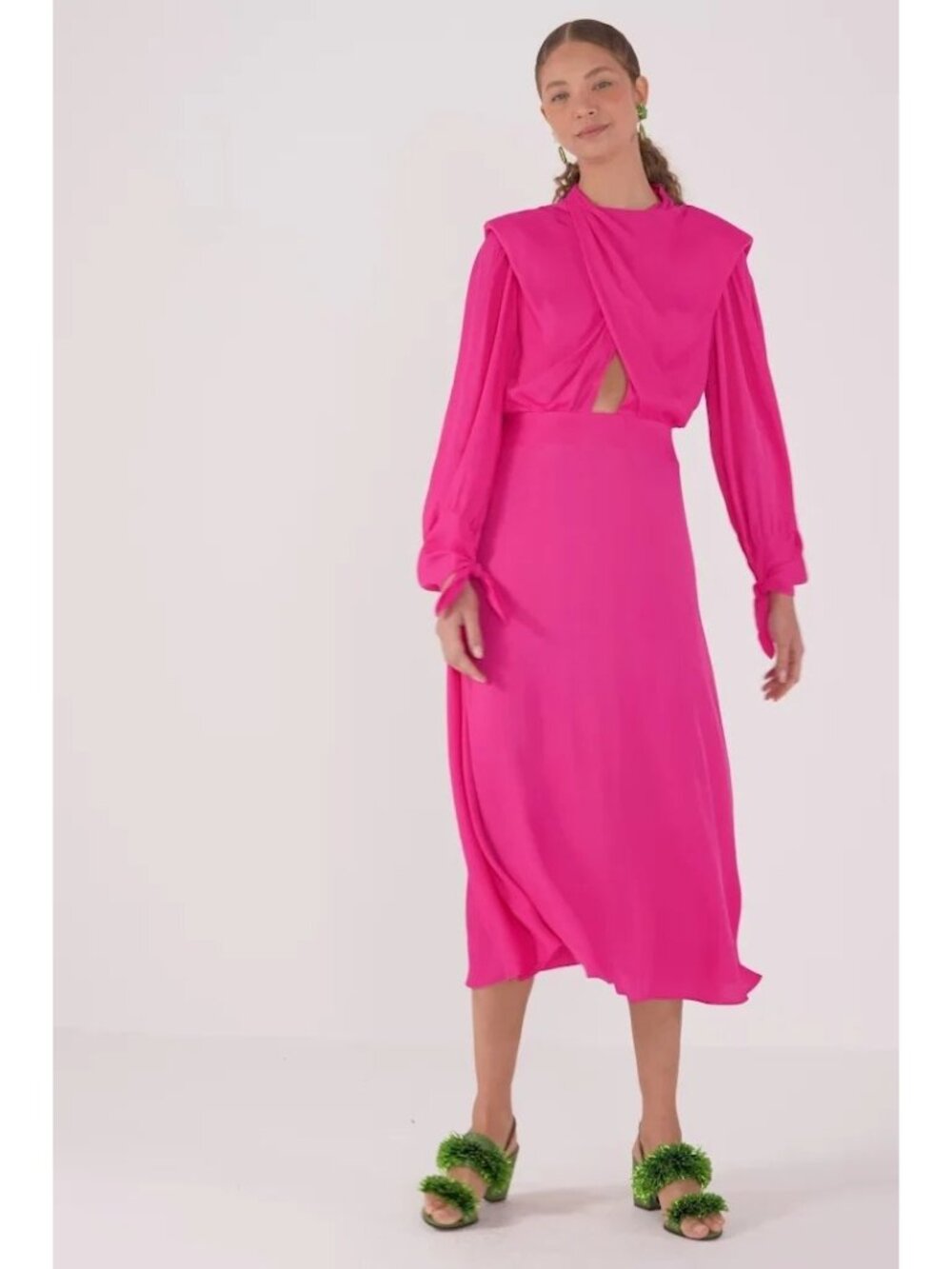 Anthropologie Farm Rio Pink Cut Out Shoulder Pad Satin Maxi Dress L NEW - Picture 14 of 15